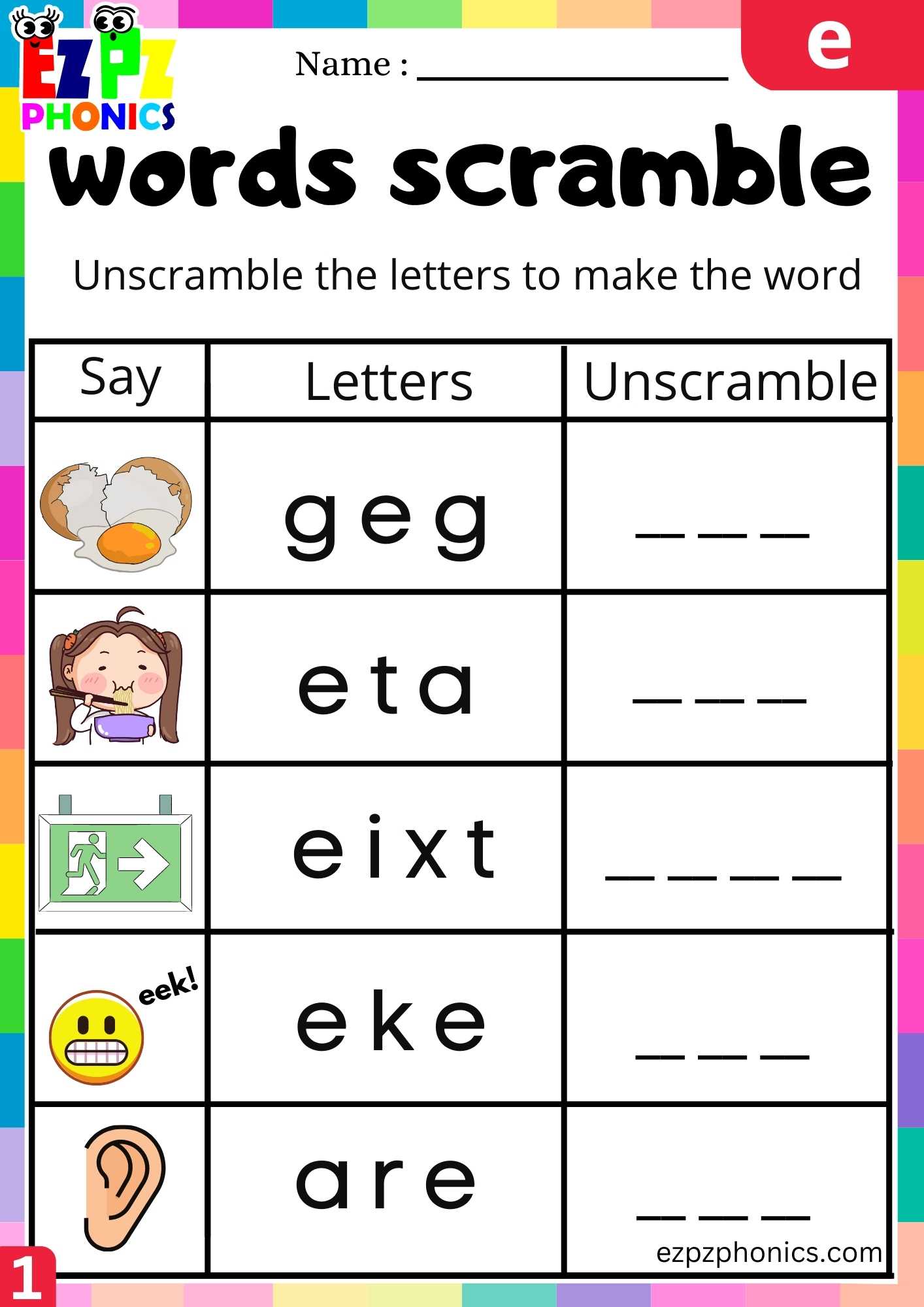 Letter E Words Scramble Beginning Sounds Worksheet